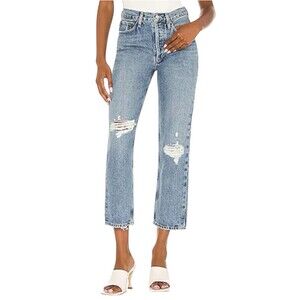 Agolde High Rise Distressed Straight Jeans in Light Blue
